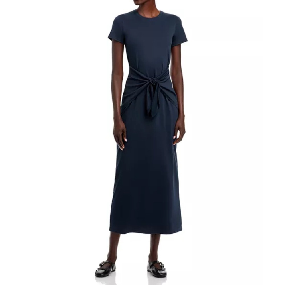 Theory Navy Blue Tie Waist Midi Dress Short‎ Sleeve Casual Womens